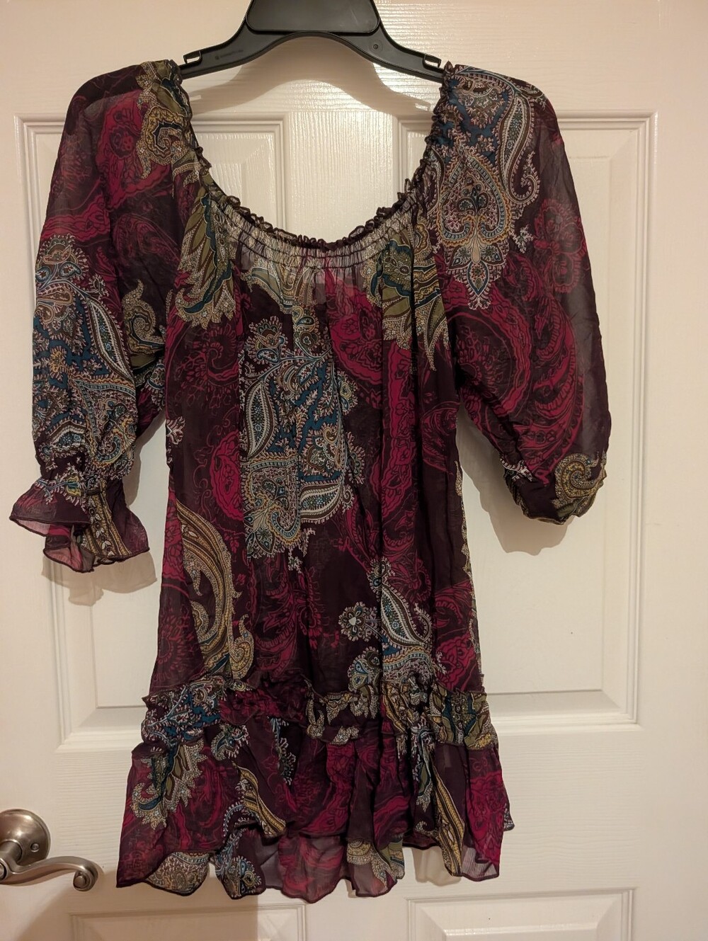 Xhilaration Paisley Smocked Peasant Top - Burgundy, Teal, Gold